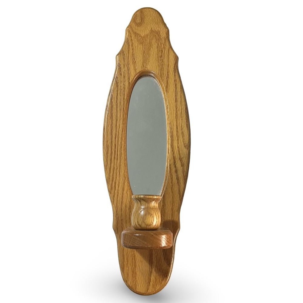 Vintage Oak Wall Mounted Candle Sconce With Mirror